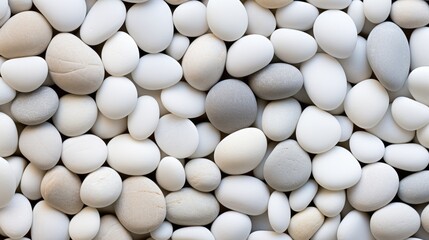 Fototapeta na wymiar Polished Pebble Background: Smooth and Round Stones in Luminous White Texture for Landscaping