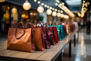 A colorful display of trendy handbags adorn the table, inviting passersby to explore the stylish street accessory in both indoor and outdoor settings