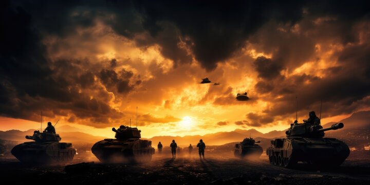 World War Soldiers Silhouettes. Military Attack Scene on Sunset Skyline with Armored Vehicles