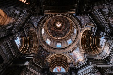 Interiors and architectural details of Sant Agnese in Agone church and it's dome, Rome, Italy