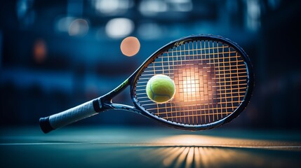 Tennis Racket in the Tennis Court. Banner with place for text - obrazy, fototapety, plakaty