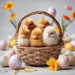 Cute Yellow Easter Chicks in a Basket with Pastel Eggs and Spring Flowers