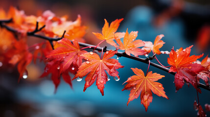 Naklejka na ściany i meble Raindrops on autumn leaves