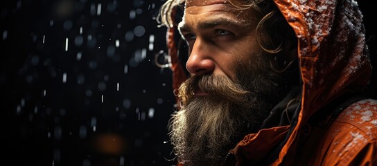 Amidst the pouring rain, a rugged man with a turbaned head and weathered face stands tall, his beard and mustache adding to his distinguished appearance