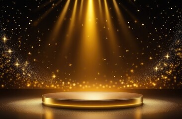 A mock-up of a golden podium stand, a showcase template for a product presentation, blurred confetti and stars flying in the air