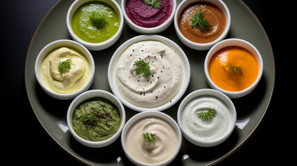 A platter of creamy, yogurt-based dips, like tzatziki or mast o khiar, perfect for iftar gatherings