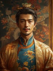 Fototapeta premium Regal Man in Traditional Asian Attire. A dignified young man dressed in ornate traditional Asian robes.