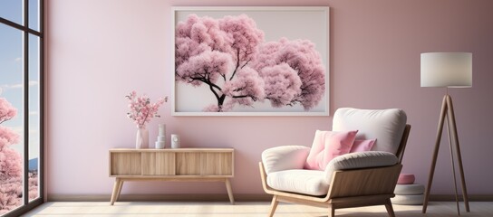 A solitary tree stands tall against the pink wallpaper, bringing a touch of nature into the otherwise elegant and modern room filled with stylish furniture and a delicate vase of flowers