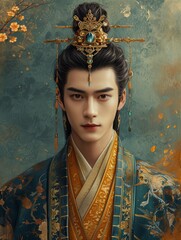 Noble Young Emperor with Crown.
A young emperor in traditional attire with a sophisticated crown.