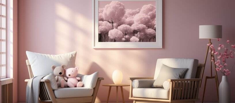 A cozy living room adorned with a pink-framed picture on the wall, featuring a loveseat, club chair, and teddy bear, evoking feelings of comfort and warmth in a stylishly designed interior