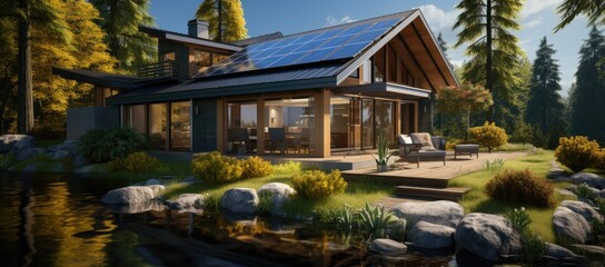 Obraz premium An eco-friendly cottage nestled among lush trees and a serene landscape, powered by the sun and blending seamlessly into its natural surroundings