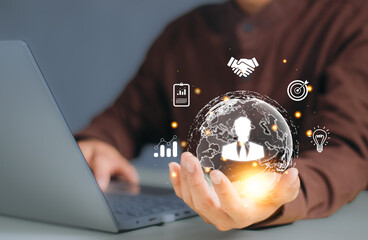 technology, business, resource, management, recruitment, social, team, human, manager,organization. businessman holds earth hud with hr management and organization icon embracing digital connectivity.