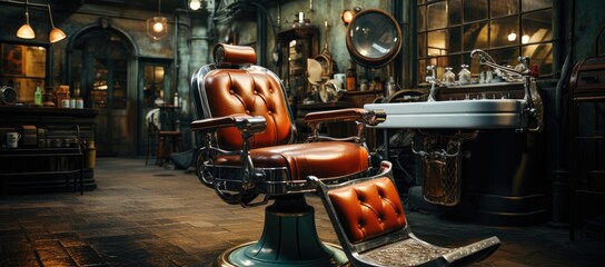 Amidst the bustling street, a lone chair sits in a cozy barber shop, its smooth wooden surface adorned with a musical instrument, inviting customers to take a seat and indulge in the timeless art of 
