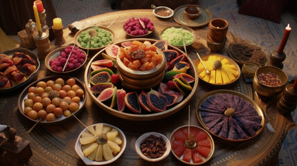 A colorful spread of traditional Ramadan food, including dates, kebabs, and samosas