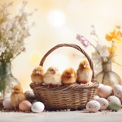 Adorable cute Easter chicks sit in a basket surrounded by decorated eggs and spring flowers.