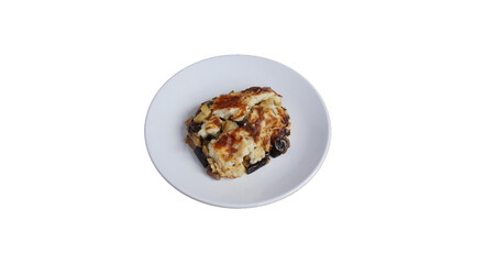 Elbasan pan is a traditional Albanian dish made by baking boiled lamb meat with eggplant. isolated