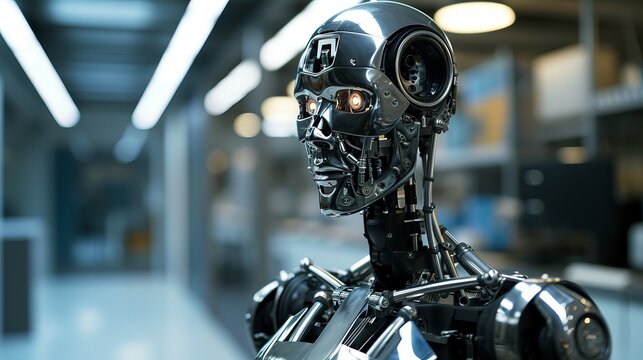 Detailed Close-Up Of Advanced Robotic Humanoid Head With Exposed Wires And Mechanisms, Illuminated Eyes, Set Against A Modern Industrial Background