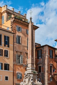 Red granite Egyptian Macuteo Obelisk in Piazza della Rotonda in front of Pantheon, Rome, Italy