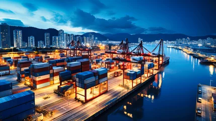 Foto op Canvas Dive into the world of shipping and commerce with this bustling port scene. The containers, cranes, and nighttime setting showcase the global logistics industry. © MDRAKIBUL