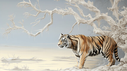 Fototapeta na wymiar siberian tiger in snow high definition photographic creative image