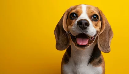 Fotobehang Beagle against a yellow background, reflecting the breed's friendly and curious personality, AI generative © mh.desing