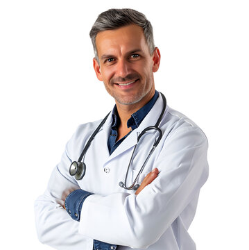 Portrait of smiling male doctor isolated transparent background.