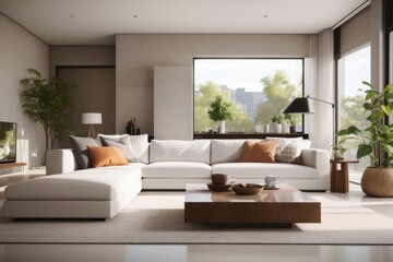 Fototapeta premium Interior home design of modern living room with white sofa and table with concrete wall near the window