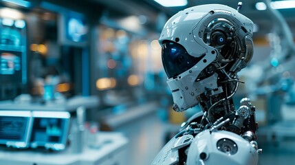 Fototapeta premium Advanced White Robotic Head with Intricate Mechanical Parts in a High-Tech Laboratory Setting
