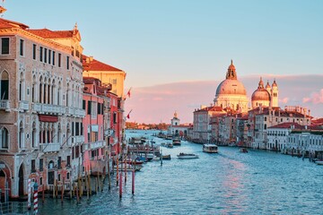 Venice, Italy - November 9 2023: Canal Grande and the church of San Simeone Piccolo