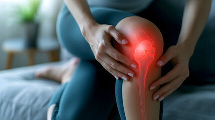 Young woman with knee pain at home with highlighted knee, sport injuries health concept - obrazy, fototapety, plakaty