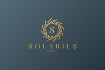 Fototapeta premium Celestial logo design, Star logotype, Planet, Space, Universe, Minimal Minimalistic, Sun, Rays, Satelite emblem. Vector illustration