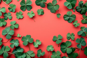 Green clover leaves on red background top view with copy space, st patrick's day celebration concept in Ireland