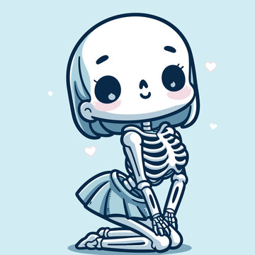 Cute little skeleton girl posing, Vector illustration in cartoon style, Halloween sticker design, generative ai