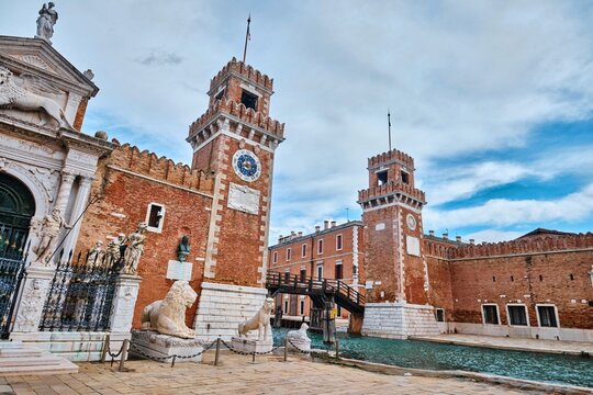 Bottom view of entrance to the former shipyard of the Venice Arsenal (Arsenale di Venezia)