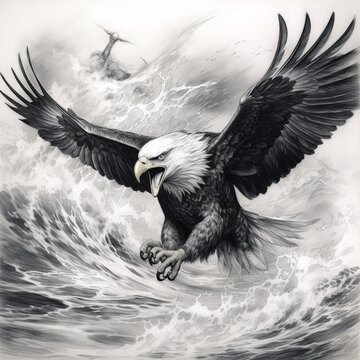 Pencil sketch angry eagles deep sea flying image Generative AI