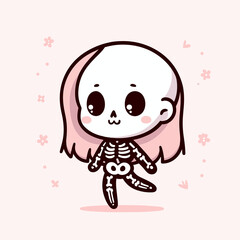 Obraz premium Cute kawaii girl with a skeleton costume, Halloween sticker art design, Vector illustration, generative ai