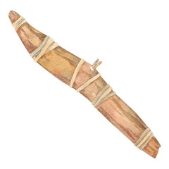 Watercolor illustration of wooden stick wrapped in rope. piece of wood, brown, hand-painted on white background. For label, sign, banner