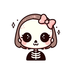 Cute kawaii girl with a skeleton costume and a bow, Halloween Vector illustration, graphic art, generative ai