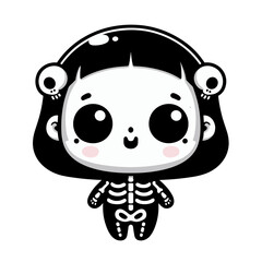 Cute little girl with a skeleton costume and skull clips, Halloween vector illustration in cartoon style, generative ai