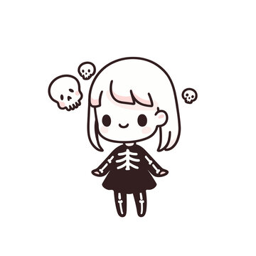 Cute little girl with a skull and a skeleton costume, kawaii Halloween vector illustration style, generative ai
