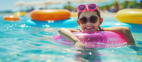 Young girl having fun swimming with colorful float during summer vacation at tropical resort, surrounded by beach and water toys with sun protection. - obrazy, fototapety, plakaty