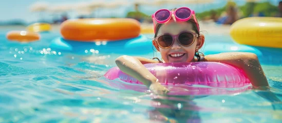  Young girl having fun swimming with colorful float during summer vacation at tropical resort, surrounded by beach and water toys with sun protection. © 2rogan