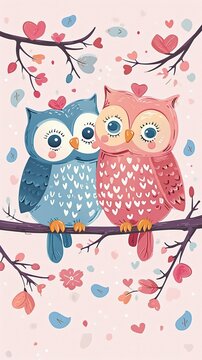 Cute owls are sitting on a branch tree in love, valentine art