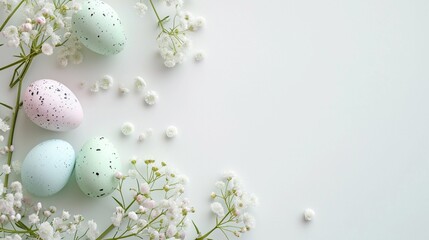 Easter eggs and spring flowers, light green colors, on a white background