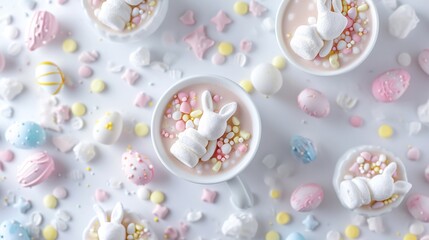Minimalist Easter postcard with sweet hot chocolate, marshmallow bunny rabbits and pastel easter eggs