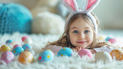 Fototapeta na wymiar Little girl in bunny ears with colorful eggs