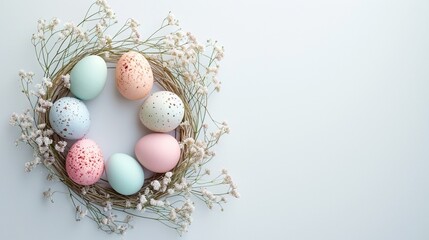 Obraz premium Easter postcard with pastel egg wreath