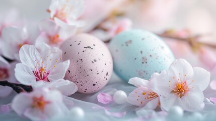 Fototapeta premium Easter postcard with pastel-colored easter eggs surrounded by cherry blossoms