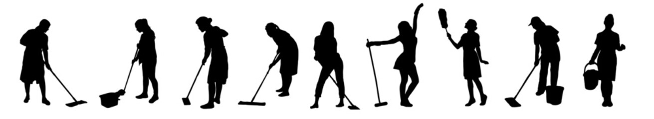 set of silhouette illustrations of people mopping the floor