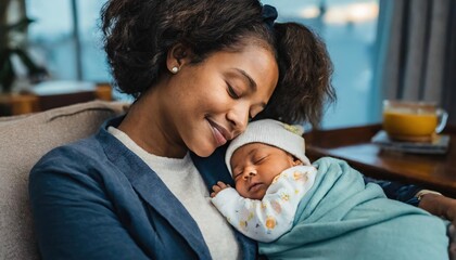 Authentic capture of an African American mother and her newborn baby, sharing a peaceful sleep, radiating love and the unique bond of parenthood - obrazy, fototapety, plakaty